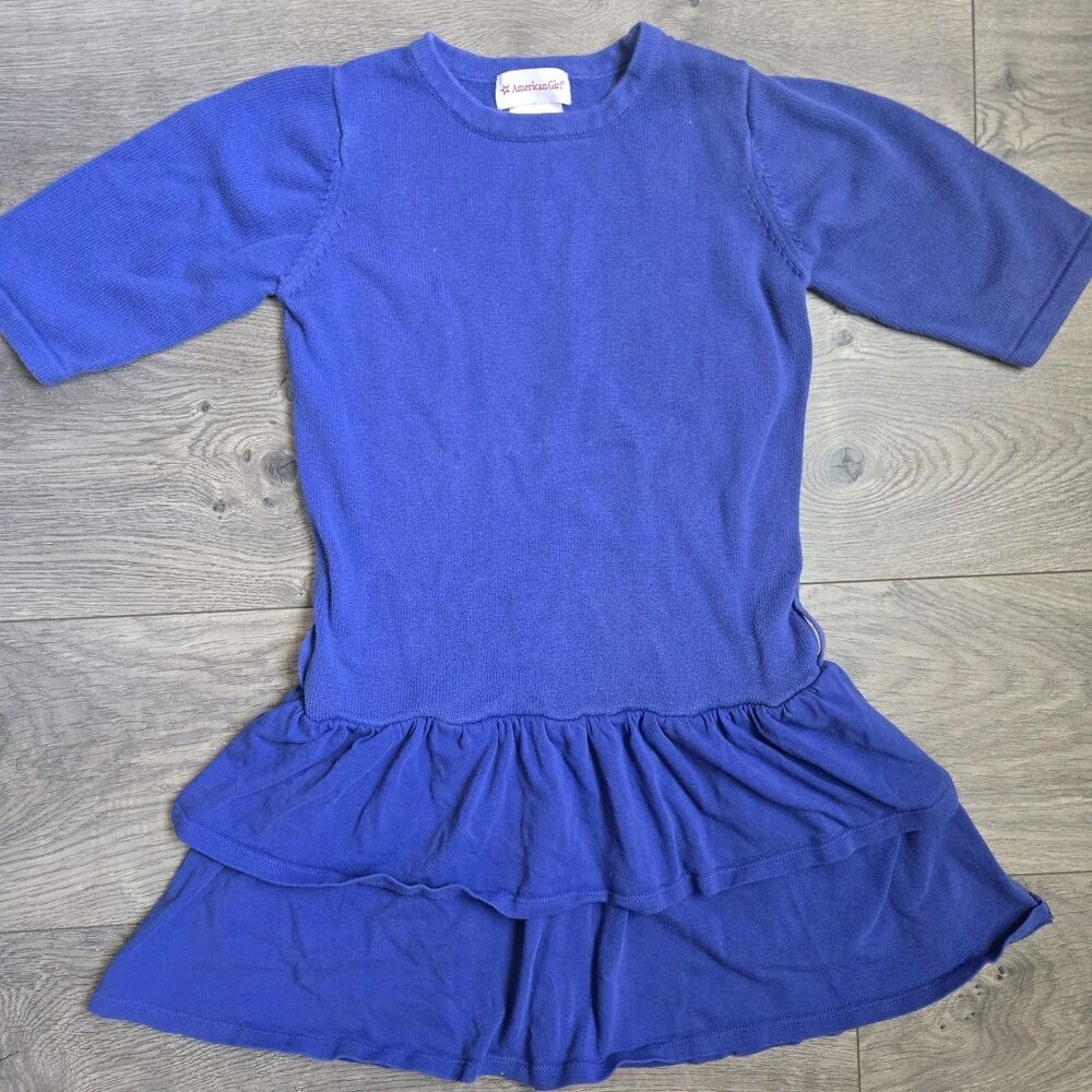 American Girl Saige Sweater Dress Girls 10 Blue Knit Tiered Ruffle Drop Waist